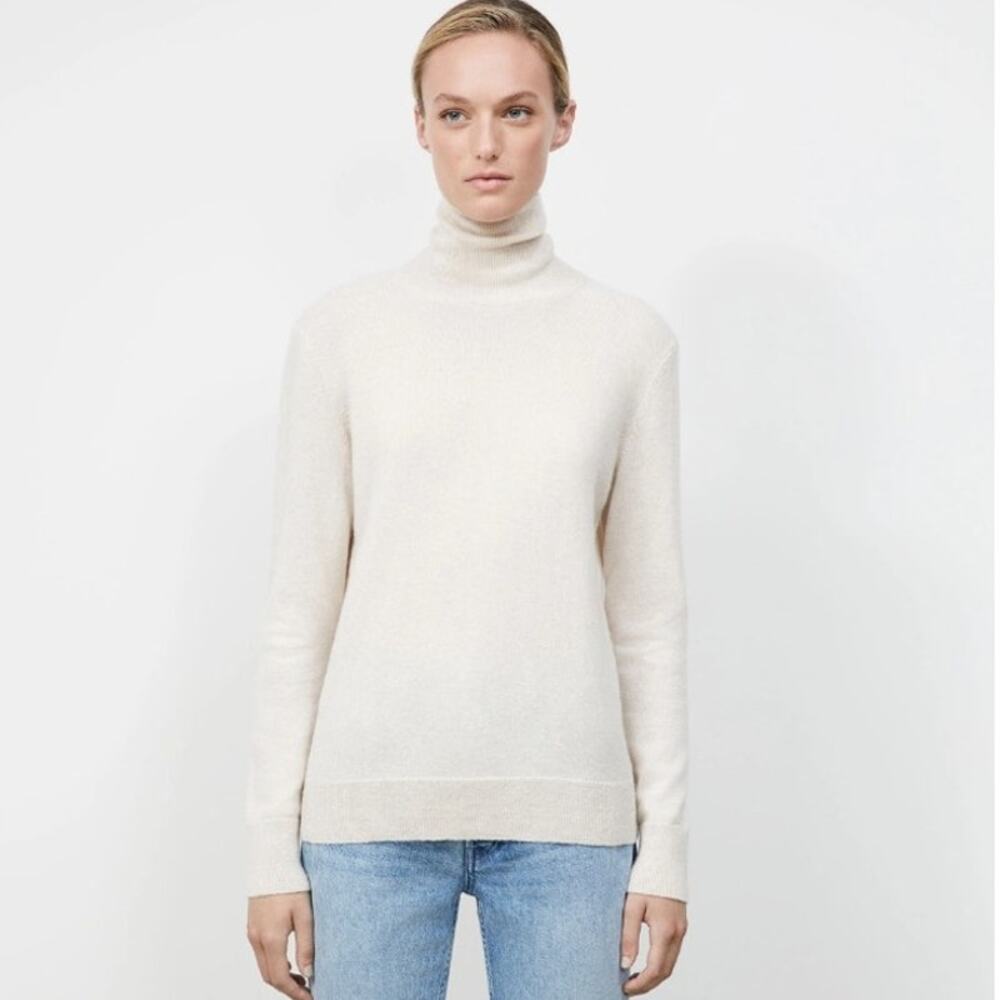 LAFAYETTE 148 Women's Beige Cashmere Turtleneck Metallic Shimmer Rim Sweater S